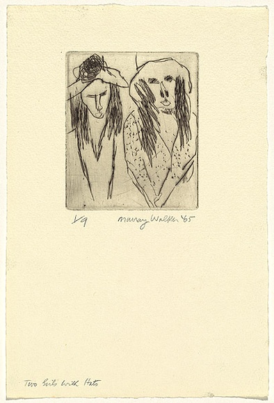 Artist: b'WALKER, Murray' | Title: b'Two girls with hats' | Date: 1965 | Technique: b'drypoint, printed in black ink, from one plate'