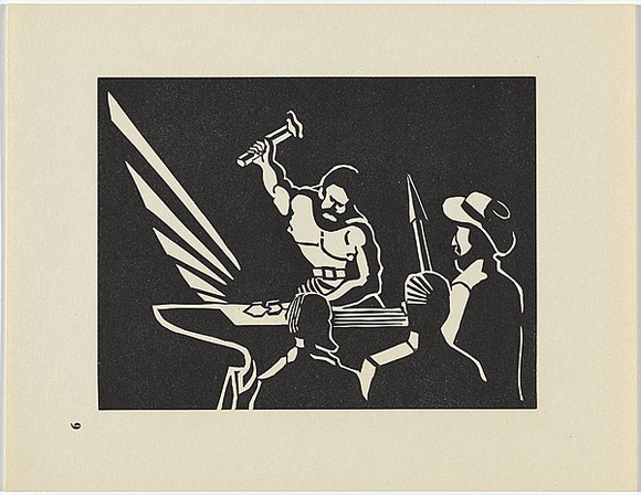 Artist: b'McFarlane, Ernie.' | Title: b'<p>The blacksmith.</p>' | Date: 1954 | Technique: b'linocut, printed in black ink, from one block'