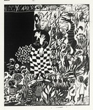 Artist: b'Allen, Joyce.' | Title: b'(Queen and children in a garden with aboriginal man) [image cut].' | Date: 1980s | Technique: b'linocut, printed in black ink, from one block'