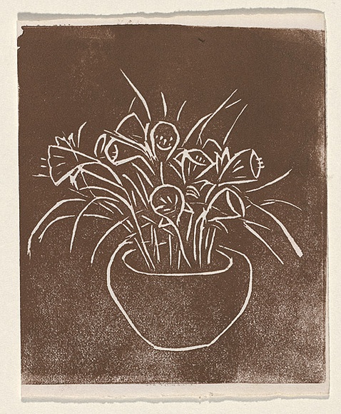 Title: b'Card: [potplant]' | Technique: b'linocut, printed in brown ink, from one block'