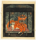 Artist: Thorpe, Lesbia. | Title: The cat and dragon | Date: 1977 | Technique: woodcut, printed in colour, from five blocks
