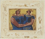 Artist: b'Glass, Raymond.' | Title: b'Two women.' | Date: 1951 | Technique: b'screenprint, printed in colour, from multiple stencils; additions in gold paint'