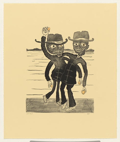 Artist: b'Hay, Bill.' | Title: b'Nocturn egg throwers' | Date: 1992, April - May | Technique: b'lithograph, printed in black ink, from one stone; handcoloured'