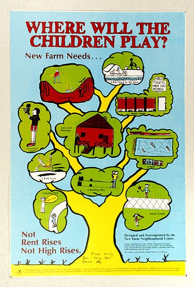 Artist: b'STANNARD, Christopher' | Title: b'Where Will The Children Play? New Farm needs ... Not Rent Rises Not High Risers' | Date: 1989 | Technique: b'screenprint, printed in colour, from multiple screens'