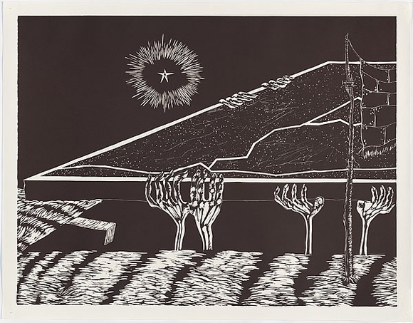 Artist: b'COLEING, Tony' | Title: b'Battlefield (hands holding left side of tennis court + star).' | Date: 1986 | Technique: b'linocut, printed in black ink, from one block'