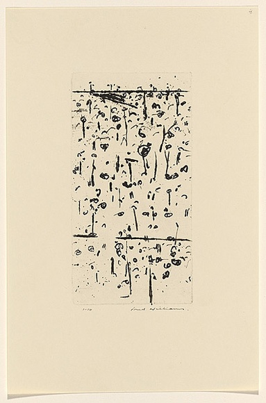 Artist: b'WILLIAMS, Fred' | Title: b'Decorative panel, You Yangs. Number 1' | Date: 1965-66 | Technique: b'etching, drypoint, flat biting and mezzotint, printed in black ink, from one copper plate; counterproof' | Copyright: b'\xc2\xa9 Fred Williams Estate'