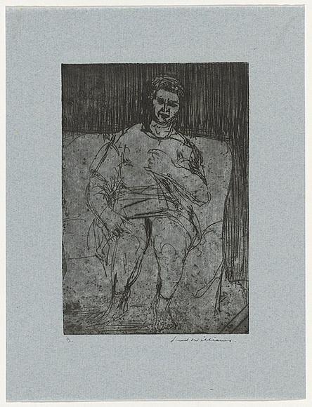 Artist: b'WILLIAMS, Fred' | Title: b'Woman sitting on a couch' | Date: 1954-55 | Technique: b'etching, aquatint, drypoint and flat biting, printed in black ink, from one copper plate' | Copyright: b'\xc2\xa9 Fred Williams Estate'