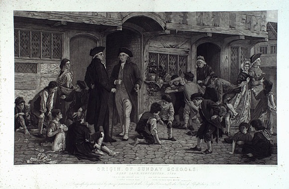 Artist: b'Dowling, Robert.' | Title: b'Origin of Sunday Schools, Hare Lane, Gloucester 1780.' | Date: 1880 | Technique: b'engraving, printed in black ink, from one steel plate'