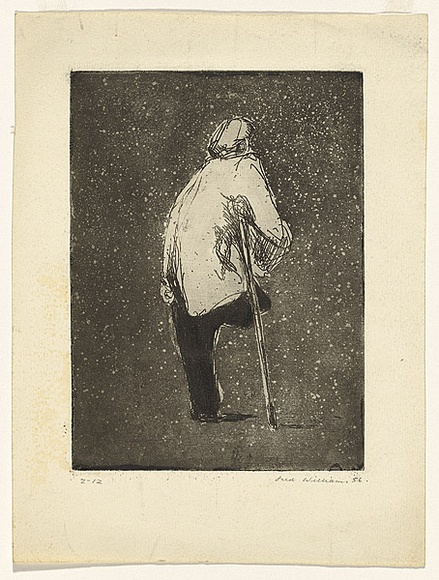 Artist: b'WILLIAMS, Fred' | Title: b'One legged man' | Date: 1954-55 | Technique: b'etching, deep etch, engraving and aquatint, printed in black ink, from one zinc plate' | Copyright: b'\xc2\xa9 Fred Williams Estate'