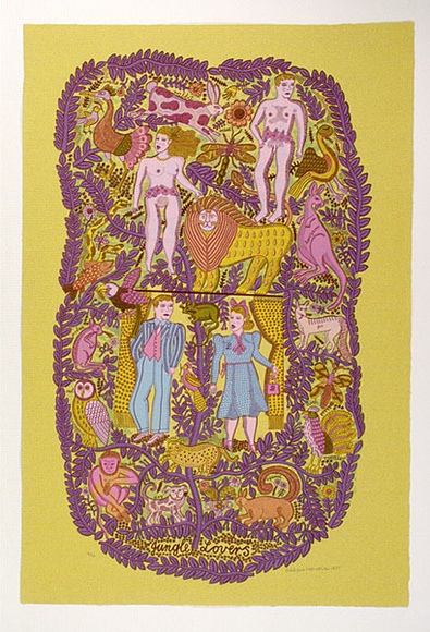 Artist: b'HANRAHAN, Barbara' | Title: b'Jungle lovers' | Date: 1977 | Technique: b'screenprint, printed in colour, from 11 stencils'