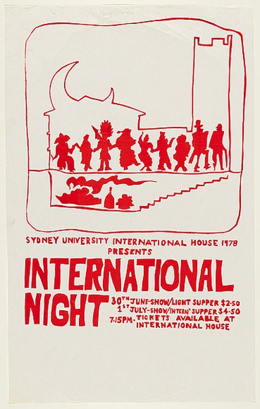 Artist: b'UNKNOWN' | Title: b'International night' | Date: 1978 | Technique: b'screenprint, printed in colour, from multiple stencils'