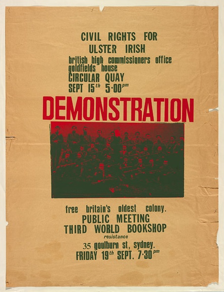 Artist: b'UNKNOWN' | Title: b'Civil rights for Ulster Irish, demonstration' | Date: 1975 | Technique: b'screenprint, printed in colour, from two stencils'