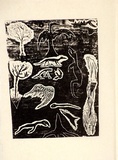 Artist: Insch, Bill. | Title: Bush Totems. | Date: 1988 | Technique: photo-lithograph, printed in black ink, from a woodcut