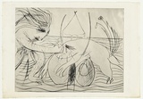 Artist: b'BOYD, Arthur' | Title: b'Figure with beast and moth over water.' | Date: (1968-69) | Technique: b'drypoint, printed in black ink, from one plate' | Copyright: b'Reproduced with permission of Bundanon Trust'