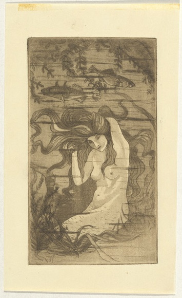 Artist: b'Bullock, Myra.' | Title: b'Mermaid.' | Date: c.1930 | Technique: b'etching and aquatint, printed in brown ink with plate-tone, from one plate'