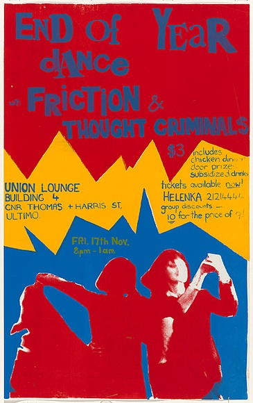 Artist: Lightbody, Graham. | Title: End of year dance (with Friction and Thought Criminals) | Date: 1979 | Technique: screenprint, printed in colour, from three stencils | Copyright: © Leonie Lane