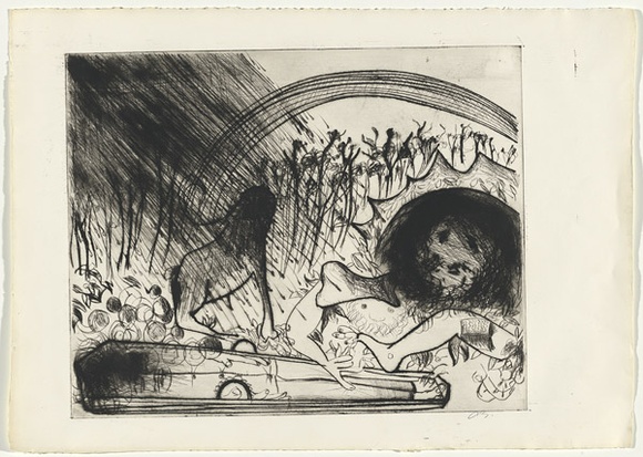 Artist: b'BOYD, Arthur' | Title: b'Lions with bone in wooded landscape (The last of St Jerome).' | Date: (1968-69) | Technique: b'etching and drypoint, printed in black ink, from one plate' | Copyright: b'Reproduced with permission of Bundanon Trust'