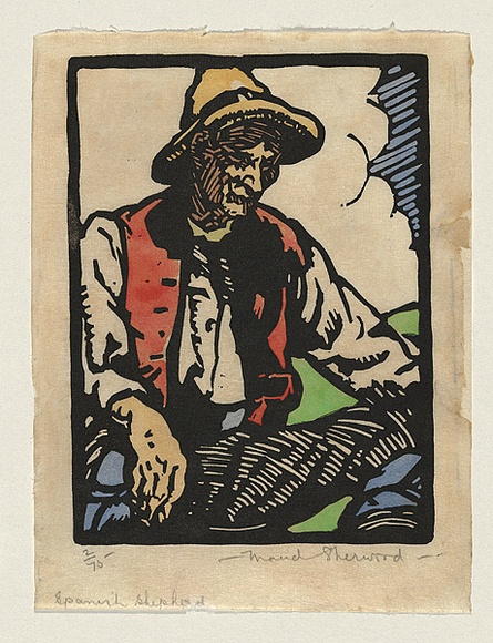 Artist: b'Sherwood, Maud.' | Title: b'Spanish Shepherd' | Date: c.1935 | Technique: b'woodcut, printed in colour, from multiple blocks'