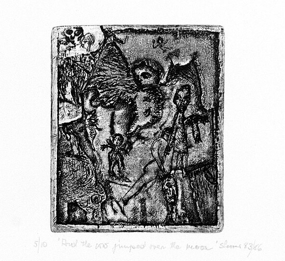 Artist: b'SHEARER, Mitzi' | Title: b'And the cow jumped over the moon' | Date: 1983 | Technique: b'etching, aquatint, printed in black, with plate-tone, from one plate'