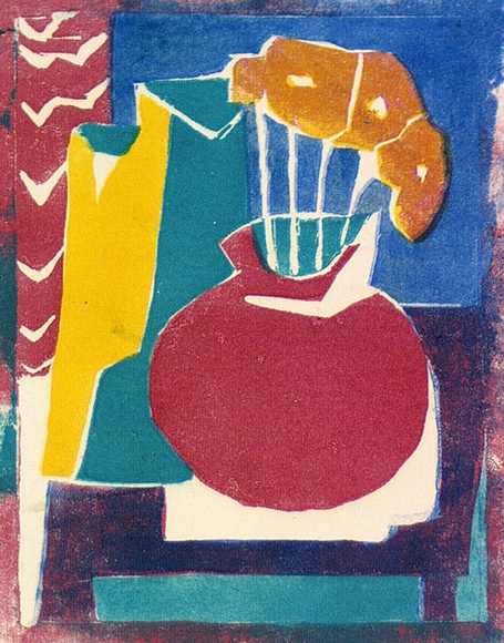 Artist: b'Brash, Barbara.' | Title: b'(Still life - red vase, yellow flowers).' | Date: c.1955 | Technique: b'linocut, printed in colour, from four blocks'