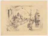 Artist: MACQUEEN, Mary | Title: George Street, Fitzroy | Date: 1958 | Technique: lithograph, printed in black ink, from one plate | Copyright: Courtesy Paulette Calhoun, for the estate of Mary Macqueen
