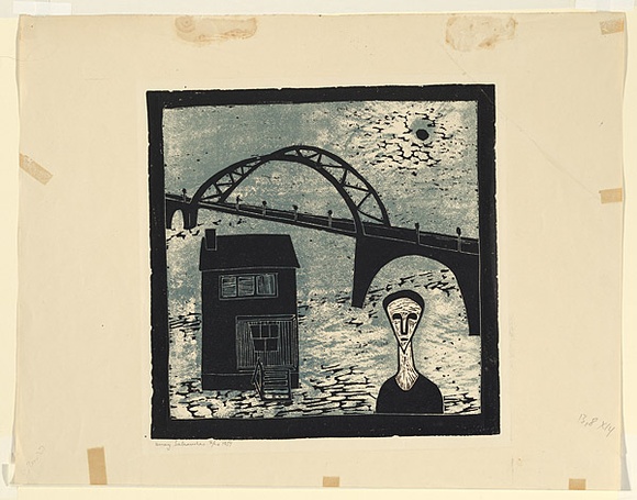 Artist: b'Salkauskas, Henry.' | Title: b'House near the Bridge' | Date: 1957 | Technique: b'linocut, printed in colour, from two blocks' | Copyright: b'\xc2\xa9 Eva Kubbos'