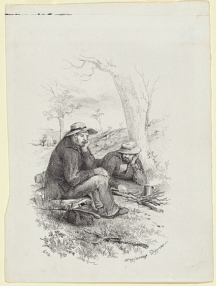 Artist: b'GILL, S.T.' | Title: b'Wayfaring diggers' | Date: 1852 | Technique: b'lithograph, printed in black ink, from one stone'