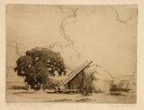 Artist: b'Herbert, Harold.' | Title: b'The haystacks' | Date: c.1928 | Technique: b'etching, printed in brown ink with plate-tone, from one plate'