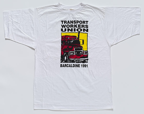 Title: b'T-shirt: Transport Workers Union.' | Date: 1990 | Technique: b'screenprint, printed in colour, from multiple stencils'