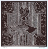 Artist: b'Nargoodah, John.' | Title: b'Fish and bat with four boomerangs' | Date: 1999, September | Technique: b'linocut, printed in black ink, from one block'