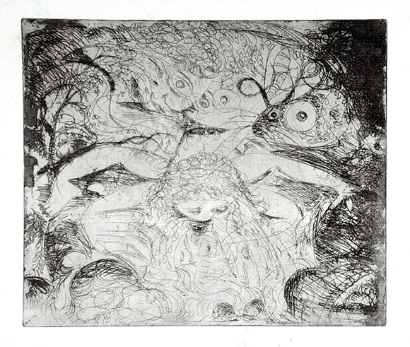 Artist: b'BOYD, Arthur' | Title: bNude washing in a creek with watching head and ram's head. | Date: (1962-63) | Technique: b'etching, printed in black ink, from one plate' | Copyright: b'Reproduced with permission of Bundanon Trust'