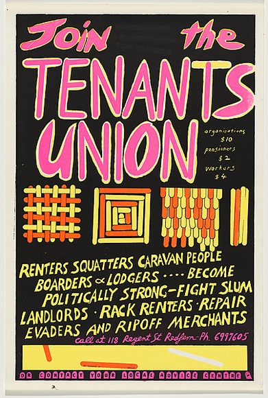 Artist: b'WORSTEAD, Paul' | Title: b'Join the Tenants Union' | Date: 1981 | Technique: b'screenprint, printed in colour, from three stencils in  pink, yellow and black inks' | Copyright: b'This work appears on screen courtesy of the artist'