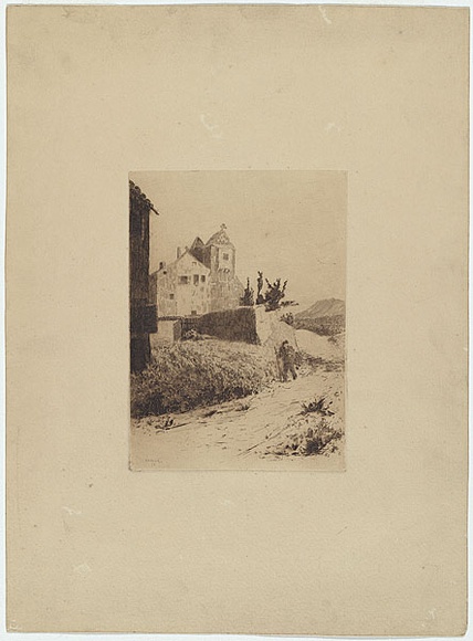 Artist: b'Boyd, Emma Minnie.' | Title: b'(Hiker leaving hillside village).' | Date: 1892 | Technique: b'etching, printed in brown ink, from one plate'