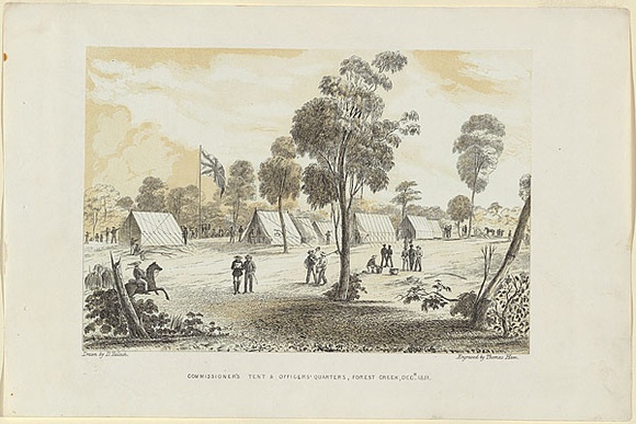 Title: Commissioner's Tent & Officer's Quarters, Forest Creek, December 1851. | Date: 1852 | Technique: lithograph, printed in colour, from two stones