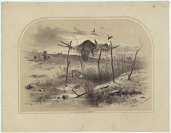 Artist: b'GILL, S.T.' | Title: b'Native sepulchure.' | Date: c.1854 | Technique: b'lithograph, printed in colour, from two stones (black and buff)'