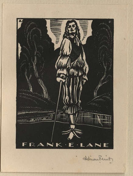 Artist: b'FEINT, Adrian' | Title: b'Bookplate: Frank E. Lane.' | Date: (1933) | Technique: b'wood-engraving, printed in black ink, from one block' | Copyright: b'Courtesy the Estate of Adrian Feint'
