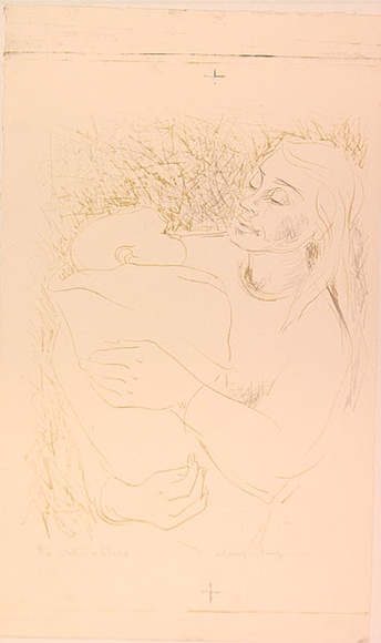 Artist: b'MACQUEEN, Mary' | Title: b'Mother and child' | Date: c.1961 | Technique: b'lithograph, printed in colour, from two plates in  yellow and black ink' | Copyright: b'Courtesy Paulette Calhoun, for the estate of Mary Macqueen'