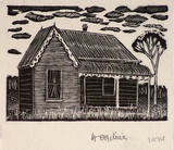 Artist: OGILVIE, Helen | Title: not titled [Small L-shaped wooden cottage with verandah - a design used for catalogue covers/ invitations for the artist's exhibition] | Date: c.1944 | Technique: wood-engraving, printed in black ink, from one block