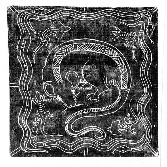 Artist: b'Artist unknown' | Title: b'Possum with decoration of snakes and lizards' | Date: 1970s | Technique: b'woodcut, printed in black ink, from one block'