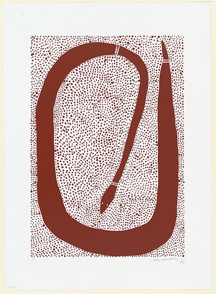 Artist: b'GUDTHAYKUDTHAY, Philip' | Title: b'Large red ochre snake with decoration dot infill' | Date: 1998, 27 October | Technique: b'screenprint, printed in colour, from multiple stencils' | Copyright: b'\xc2\xa9 Philip Gudthaykudthay. Licensed by VISCOPY, Australia'