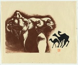 Artist: b'Thorpe, Lesbia.' | Title: b'Desert nomads' | Date: 1994 | Technique: b'linocut, printed in colour, from two blocks'