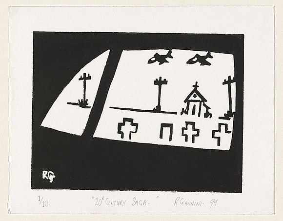 Title: b'20th century saga.' | Date: 1999 | Technique: b'linocut, printed in black ink, from one block'