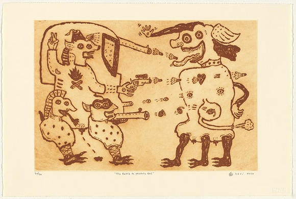 Artist: b'HERI DONO,' | Title: b'The battle to produce gas' | Date: 2003, July | Technique: b'etching, printed in burnt umber ink, from one plate'