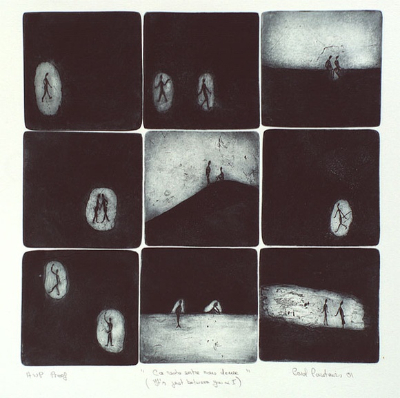 Artist: b'Carstairs, Carol.' | Title: b'Ca reste entre nous deux I / (Its just between you and I)' | Date: 2001 | Technique: b'etching and aquatint, printed in blue/black ink, from one plate'