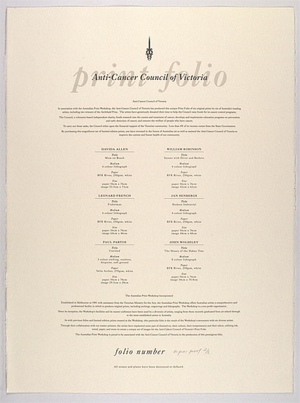 Title: b'Frontispiece from the Anti-cancer council of Victoria print folio.' | Date: 1990 | Technique: b'lithograph, printed in dark grey ink, from one stone'