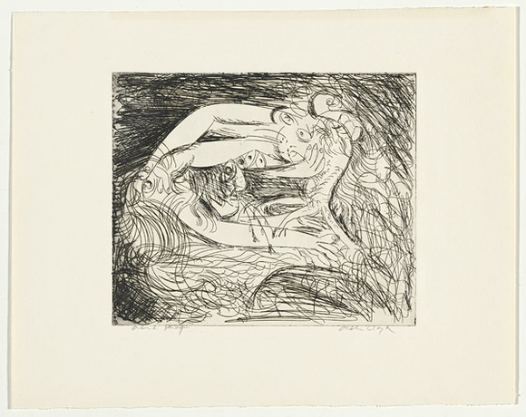 Artist: b'BOYD, Arthur' | Title: b'Figure with eyes grasping small ram.' | Date: (1962-63) | Technique: b'etching, printed in black ink, from one plate' | Copyright: b'Reproduced with permission of Bundanon Trust'