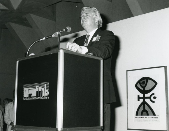 Title: b'James Mollison, Director opening the exhibition, Prints and printmaking: Pre-settlement to present. Canberra: National Gallery of Australia, 18 February 1988.'