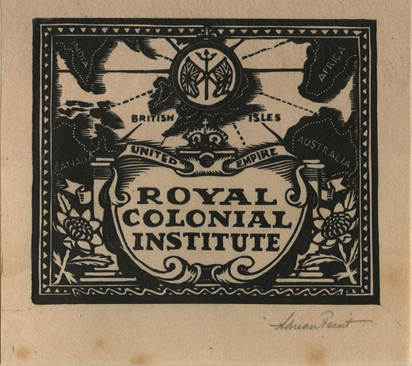 Artist: b'FEINT, Adrian' | Title: b'Bookplate: Royal Colonial Institute.' | Date: (1927) | Technique: b'wood-engraving, printed in black ink, from one block' | Copyright: b'Courtesy the Estate of Adrian Feint'