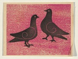 Title: b'not titled [pigeons]' | Technique: b'woodcut, printed in pink and black ink, from two blocks'