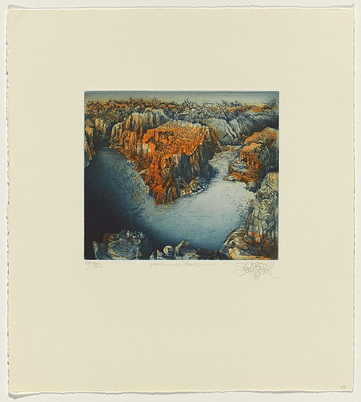 Title: b'Katherine Gorge, Northern Territory' | Date: 1989 | Technique: b'etching, printed in blue and orange ink, from one plate'